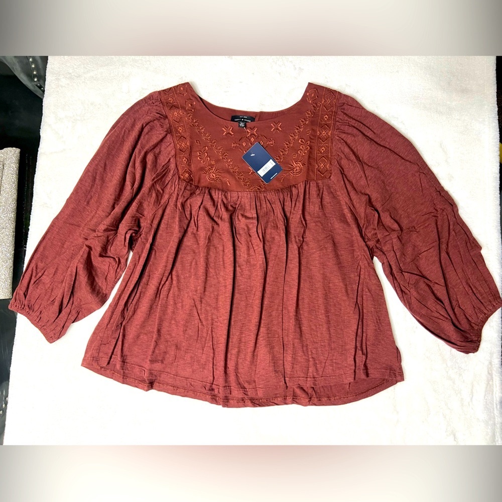 Lucky Brand Women's Embroidered Bohemian Sleeve Peasant Blouse